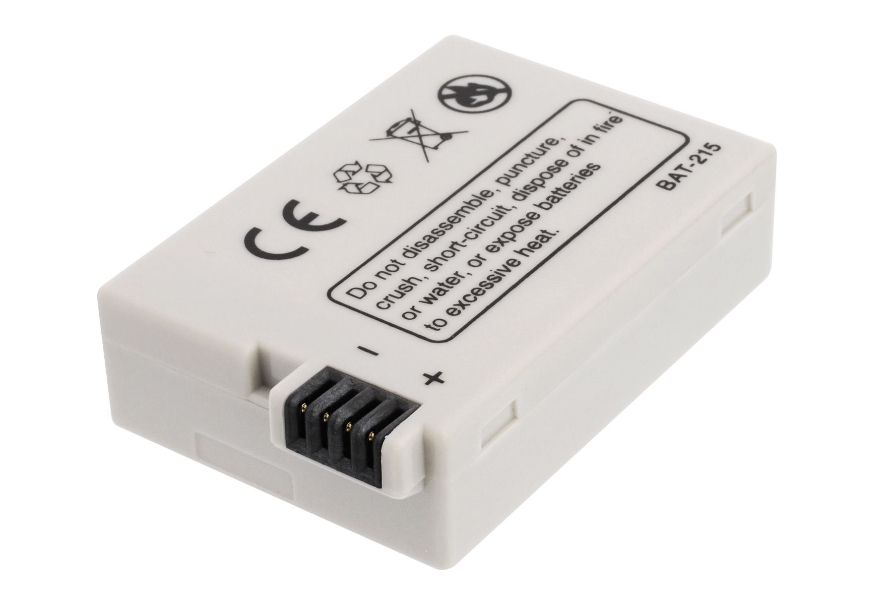 Eine weiße Batterie mit schwarzen Anschlüssen und Text, mit einem durchgestrichenen Batterie-Symbol.