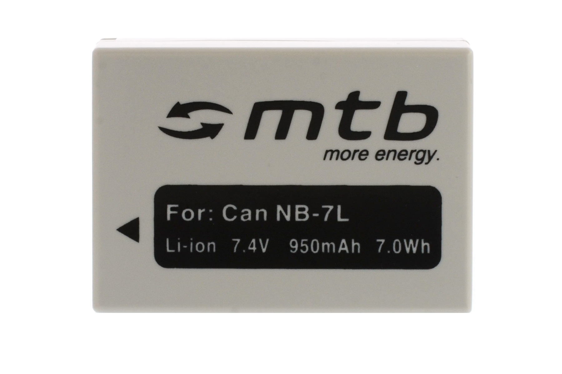 Eine weiße Batterie mit schwarzem Text. Text: For Can NB-7L Li-ion 7.4V 950mAh 7.0Wh.