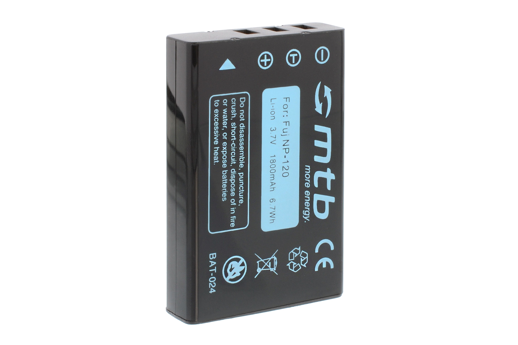 Schwarzer Akku mit weißem Text und Symbolen. Der Akku ist für Fuji NP-120, 3,7V 1800mAh beschriftet.