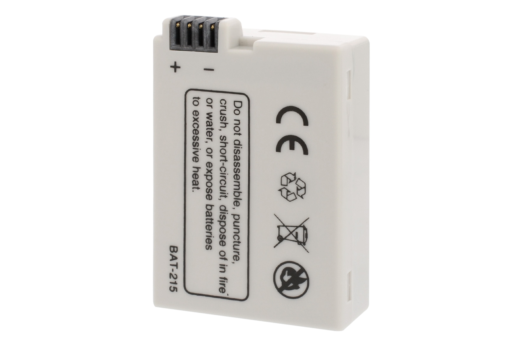 Eine weiße Batterie mit schwarzem Stecker und Text: Nicht zerlegen, einstechen usw.