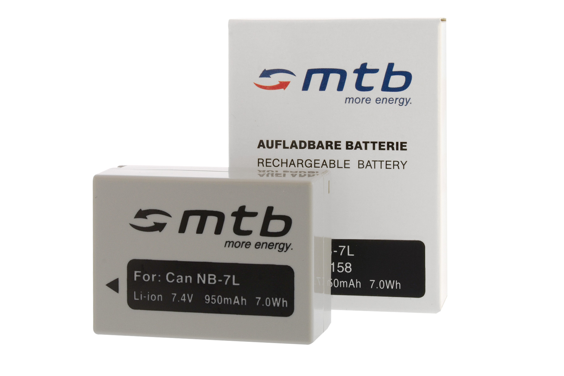 Weißes und graues Akkupack und Box mit dem Markennamen 'mtb' und Spezifikationen zum Aufladen.
