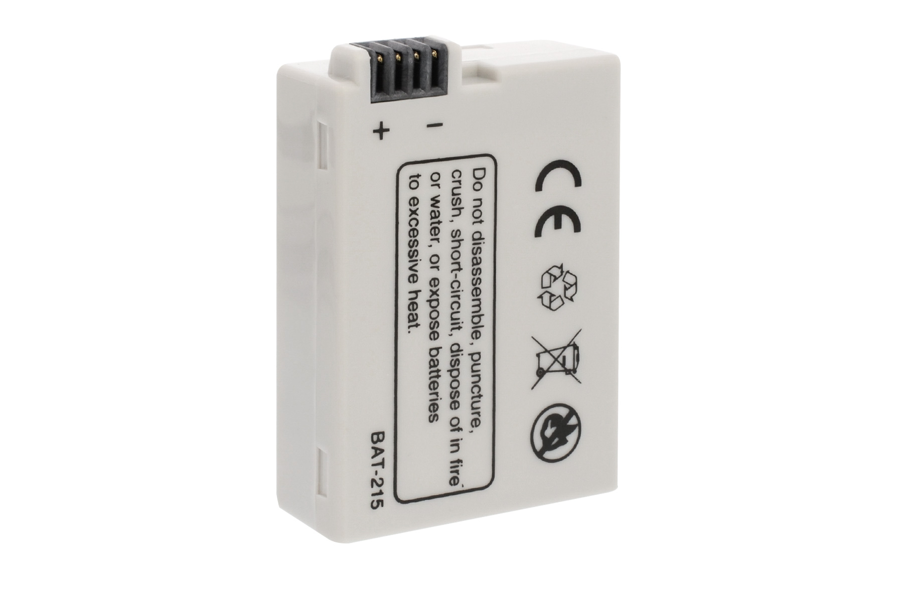 Eine weiße Batterie mit schwarzen Anschlüssen und Sicherheitshinweisen.