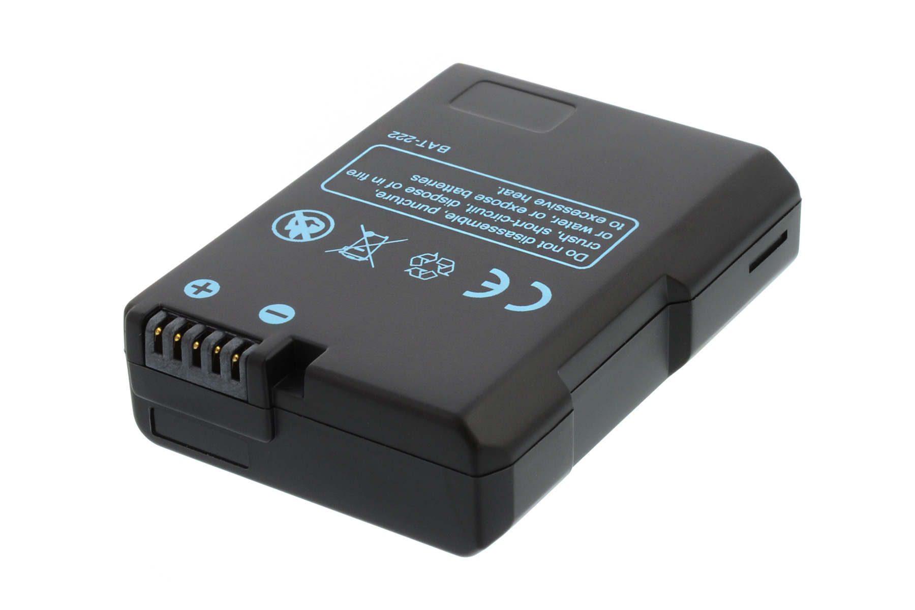 Schwarze rechteckige Batterie mit Etiketten und Symbolen. Blauer und weißer Text.