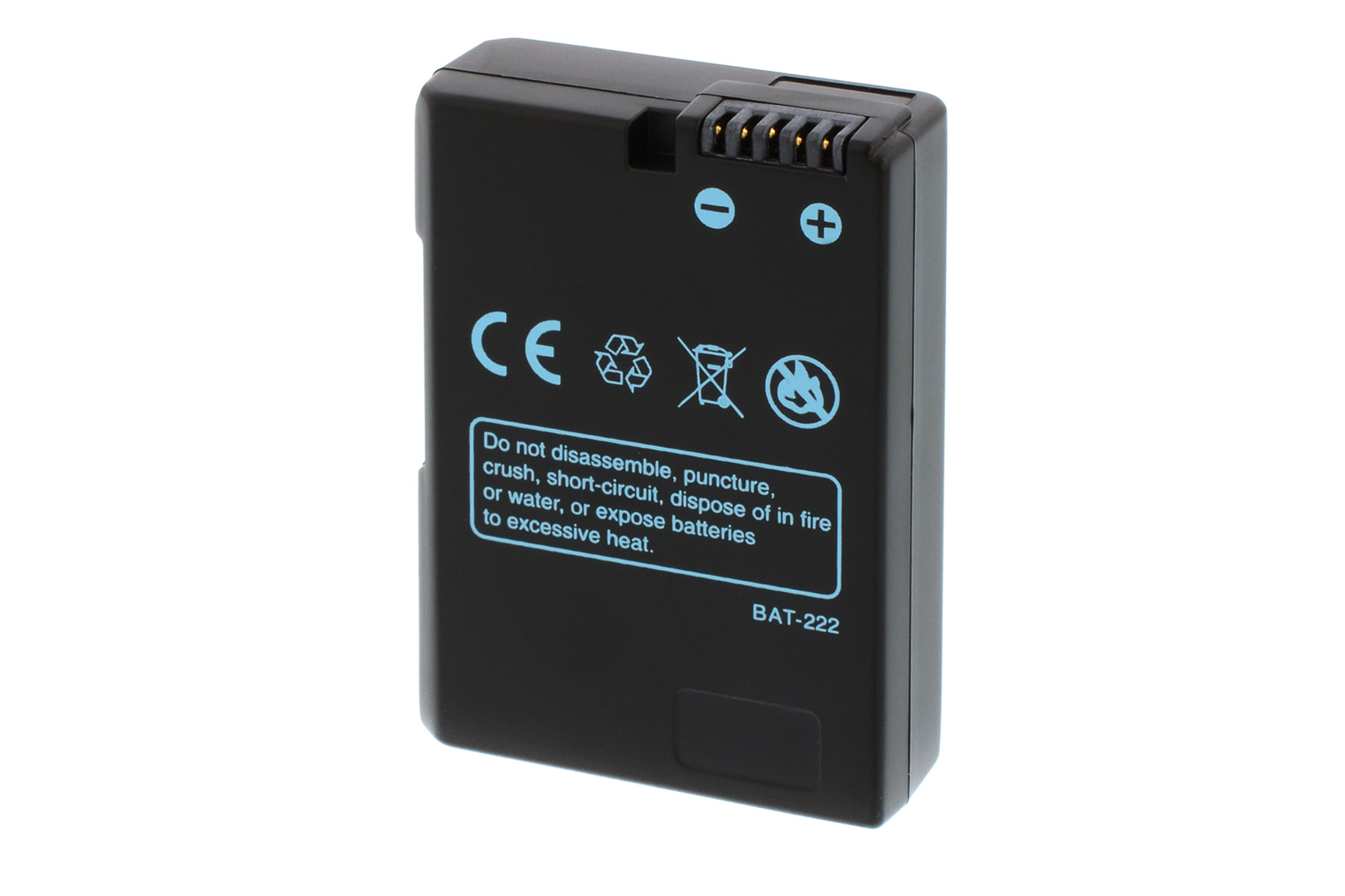 Eine schwarze Batterie mit Text und Symbolen darauf.