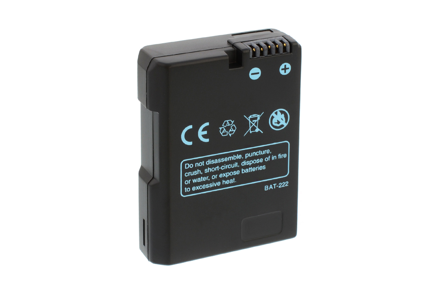 Schwarze Batterie mit blauem Text und Symbolen. Hat CE- und Batteriesicherheitshinweise. Weißer Hintergrund.