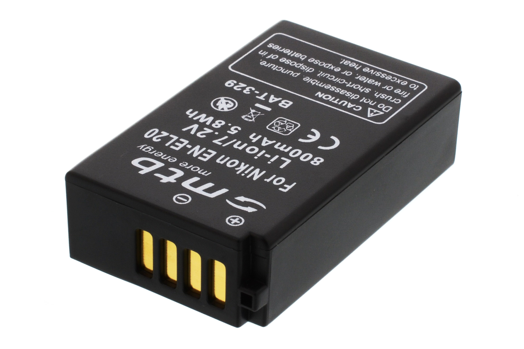 Eine schwarze Batterie für Nikon EN-EL20 mit weißem Text. Die Batterie hat goldene Kontakte und einen weißen Hintergrund.