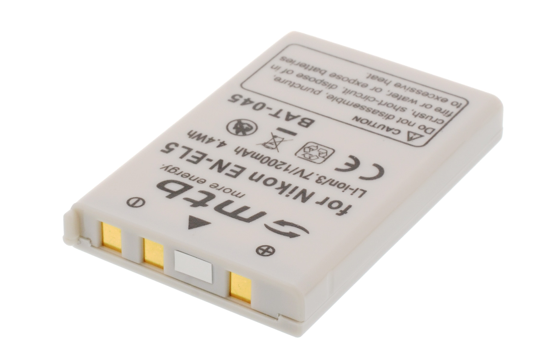 Eine kleine weiße Nikon EN-EL5 Batterie mit Text und Markierungen.