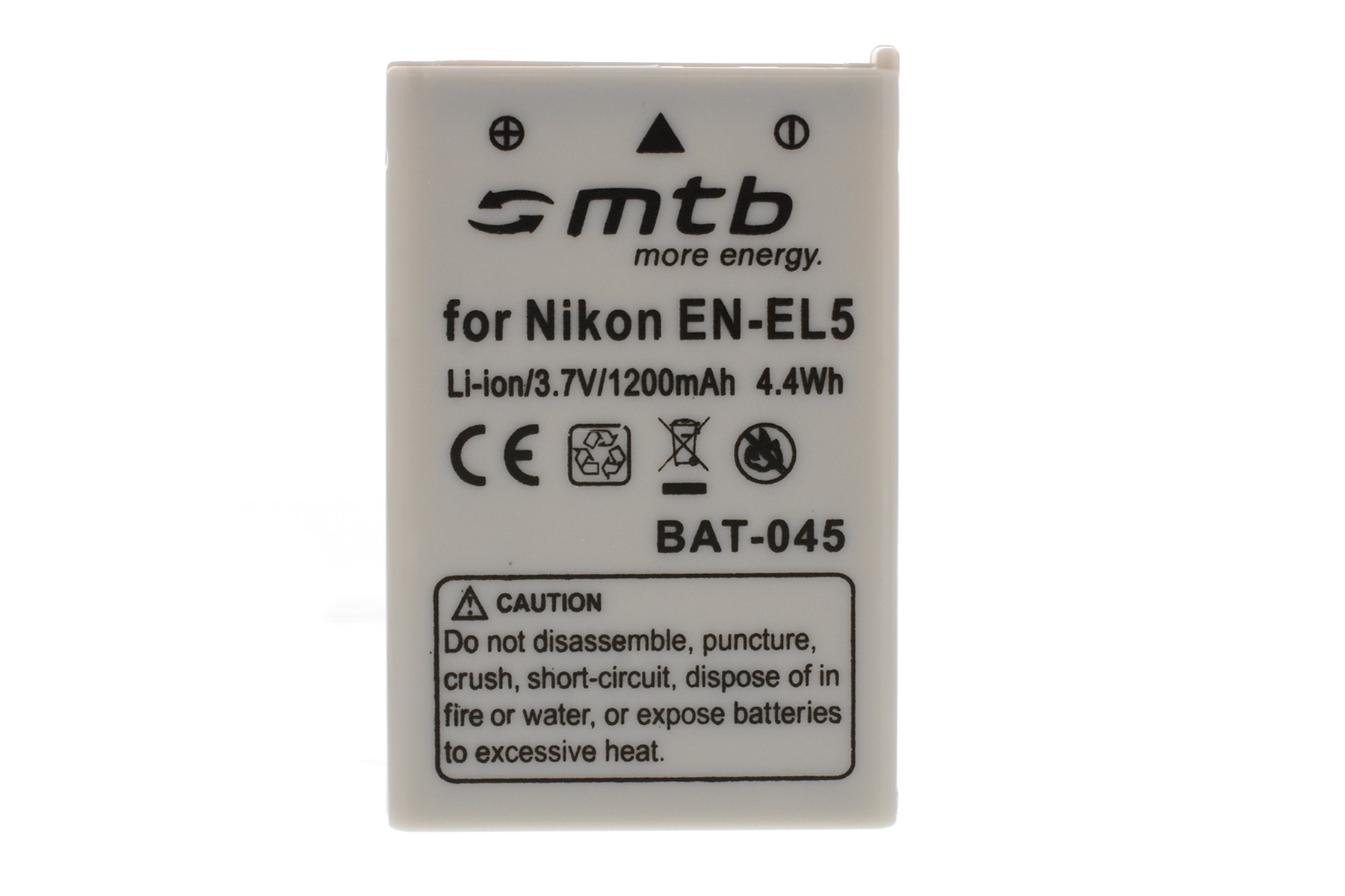 Weiß-graue Batterie mit Text und Warnhinweisen.