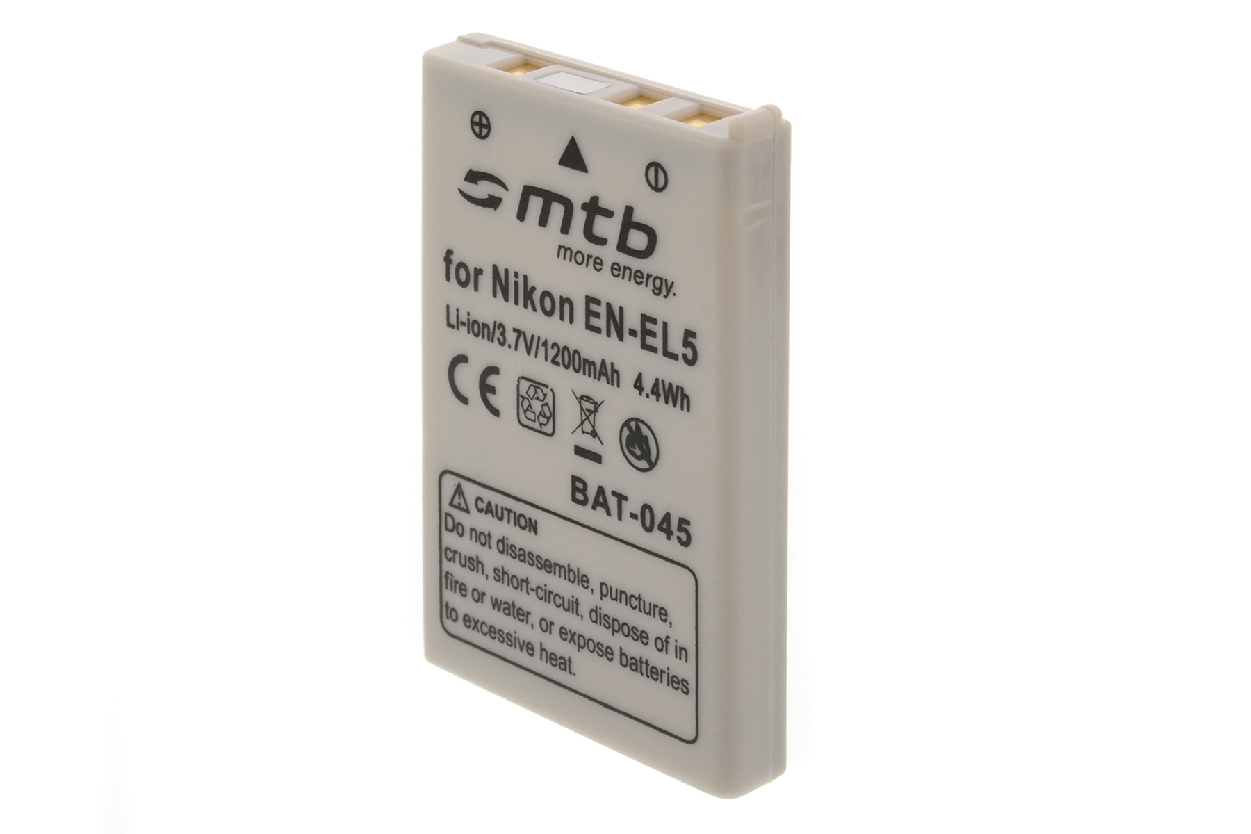 Weiße Nikon-Batterie. Auf dem Etikett steht 'mtb more energy' und 'for Nikon EN-EL5'. Zeigt auch Warnungen.