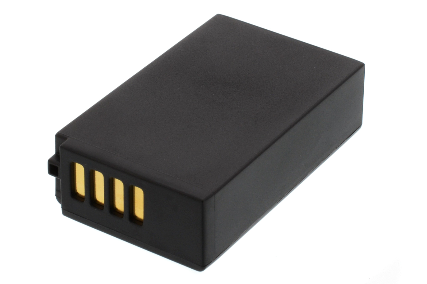 Schwarze rechteckige Batterie mit Goldkontakten auf weißem Hintergrund.
