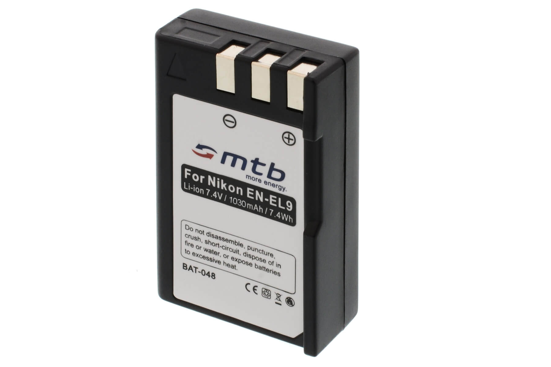 Eine schwarze Batterie mit weißem Etikett, das 'For Nikon EN-EL9' lautet.