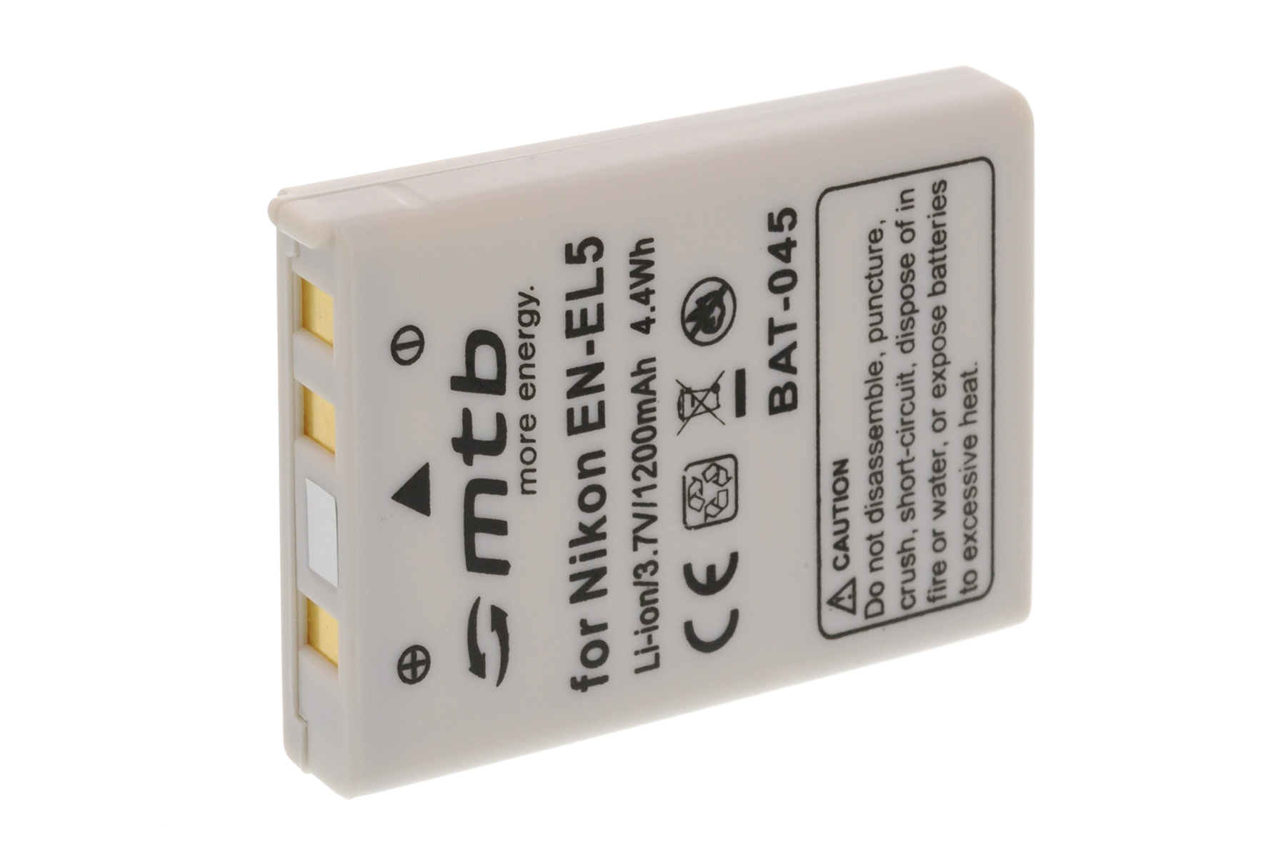 Weiße Nikon-Kamera-Batterie mit schwarzem Text und goldenen Kontakten.