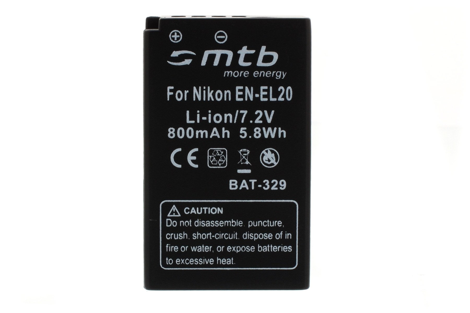 Schwarze Batterie mit Textbeschriftungen, darunter 'For Nikon' und Warnhinweise.