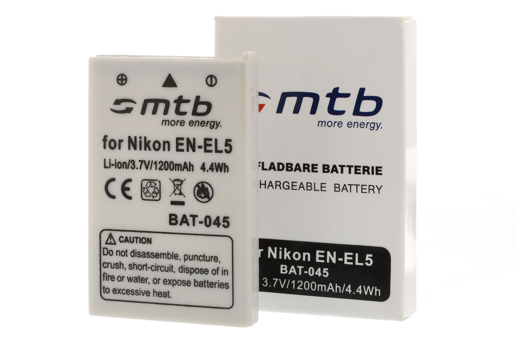Eine weiße Batterie und ihre Schachtel mit weißem Text und Logo.