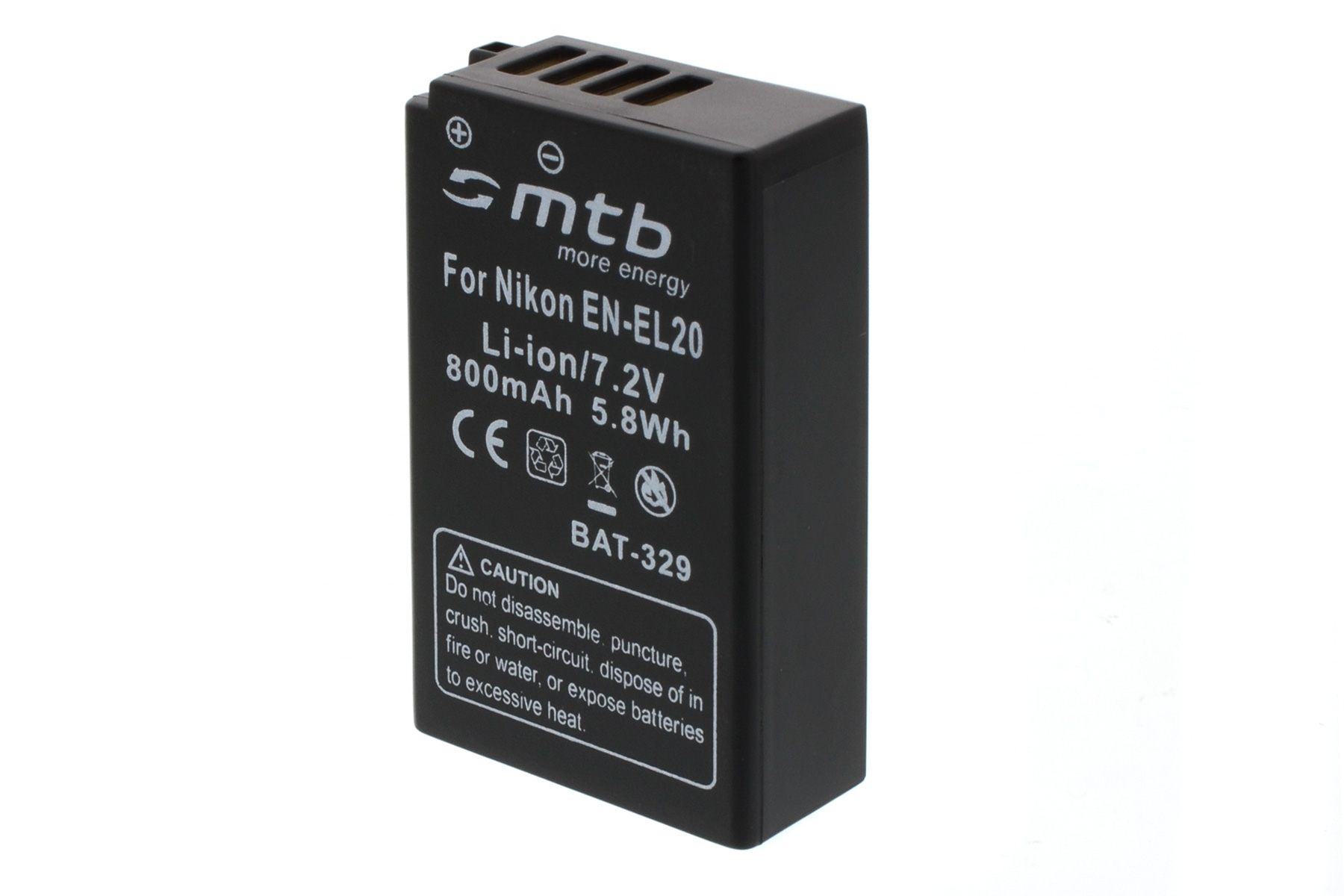 Schwarzer Akku für Nikon-Kamera mit der Marke 'mtb' und Spezifikationen.