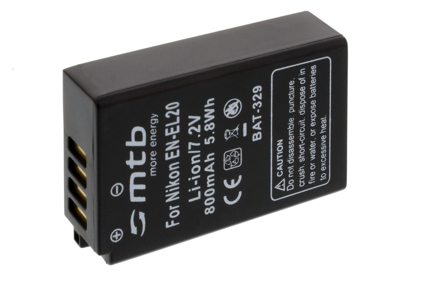 Eine schwarze Batterie mit Text und Warnhinweisen. Auf der Batterie steht 'mtb more energy' und 'For Nikon EN-EL20'.