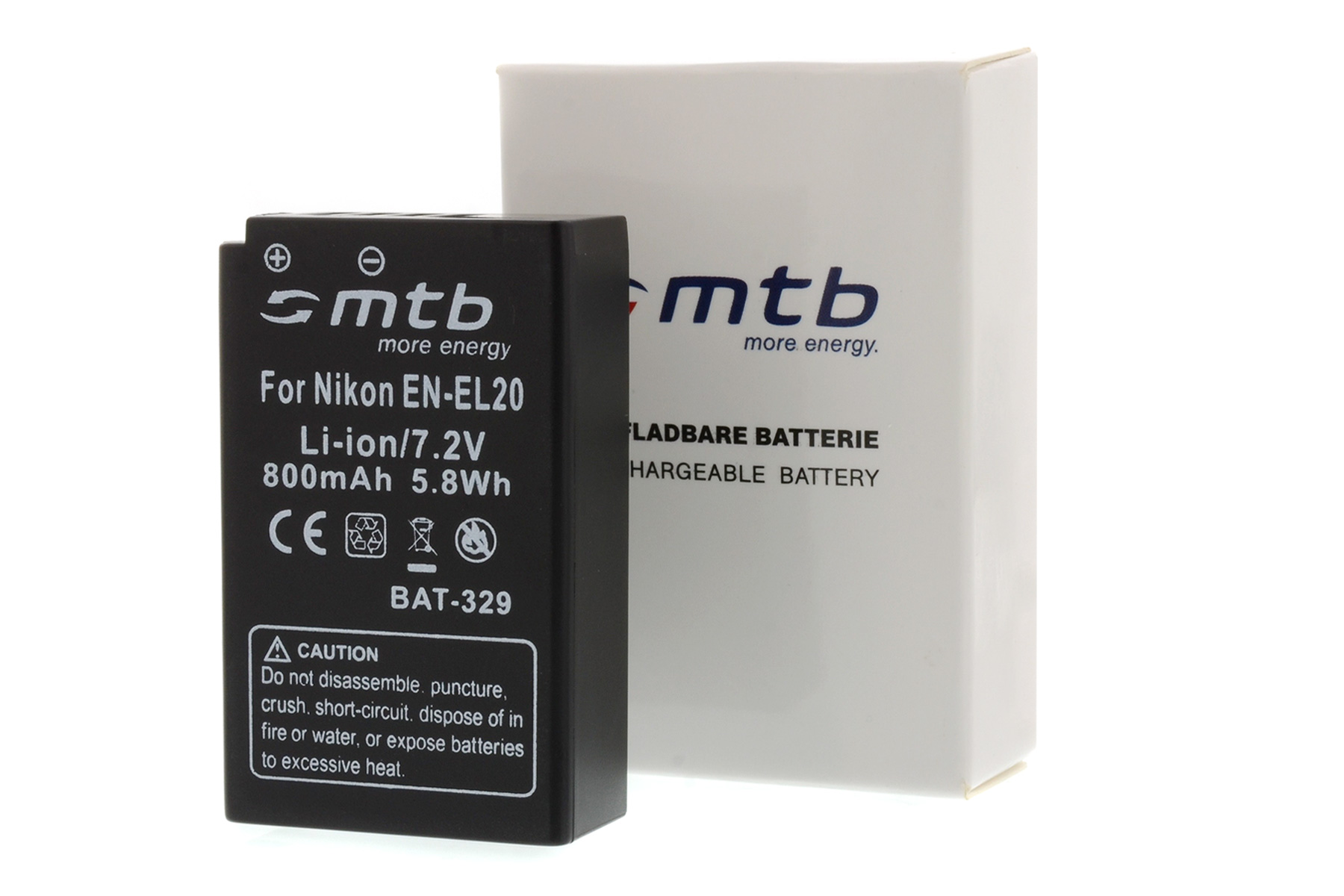 Schwarze Kamera-Batterie, Text 'For Nikon EN-EL20' und weiße Schachtel mit 'mtb' Logo und 'CHARGEABLE BATTERY'.