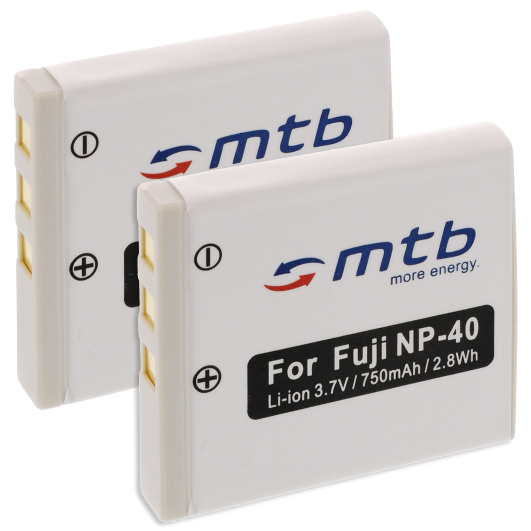 Zwei weiße Batterien mit schwarzem Text und dem Markenlogo. Text und Symbole sind sichtbar.