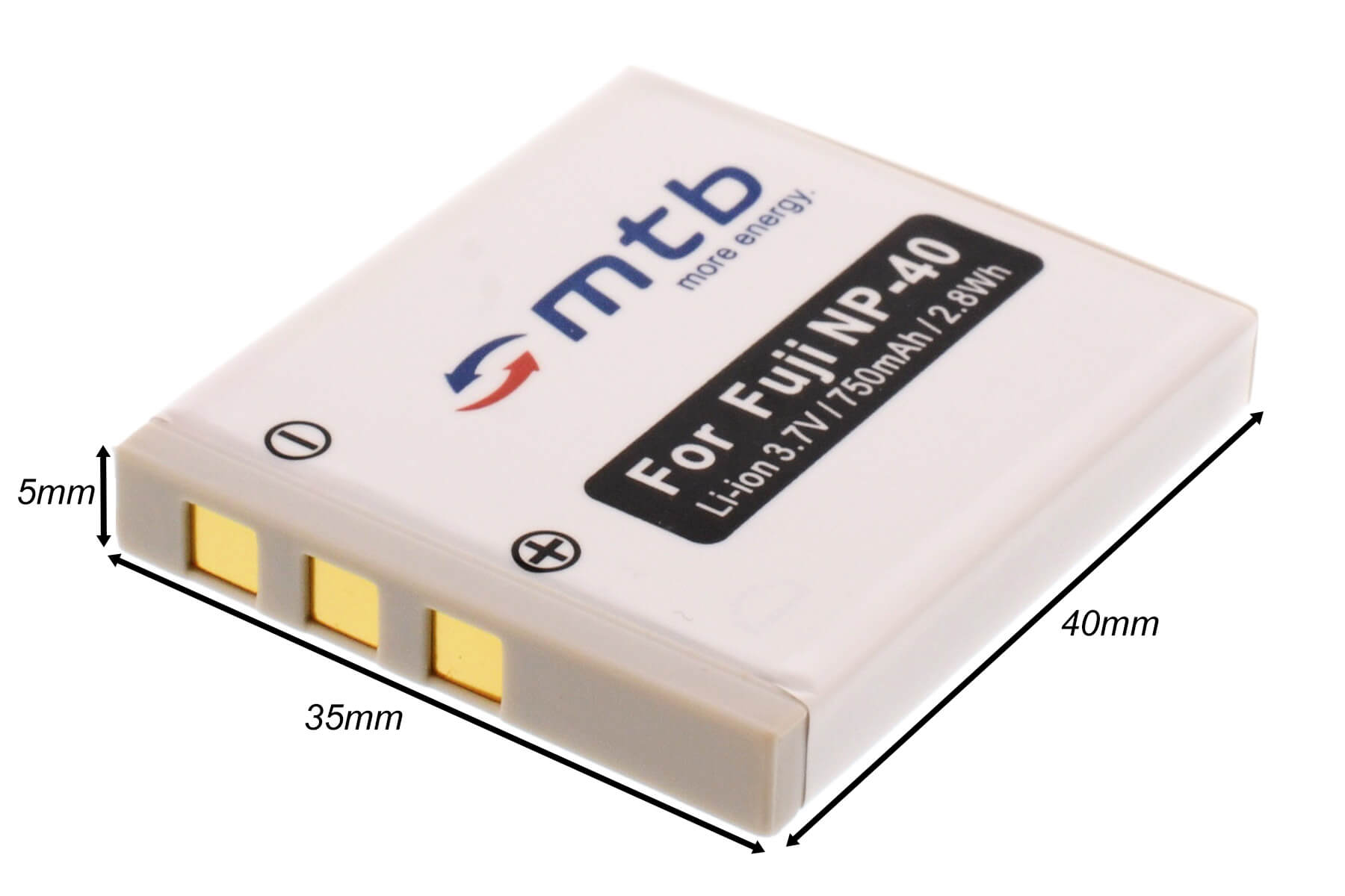 Eine weiße Batterie mit schwarzem Text und Abmessungen, mit dem MTB-Logo.