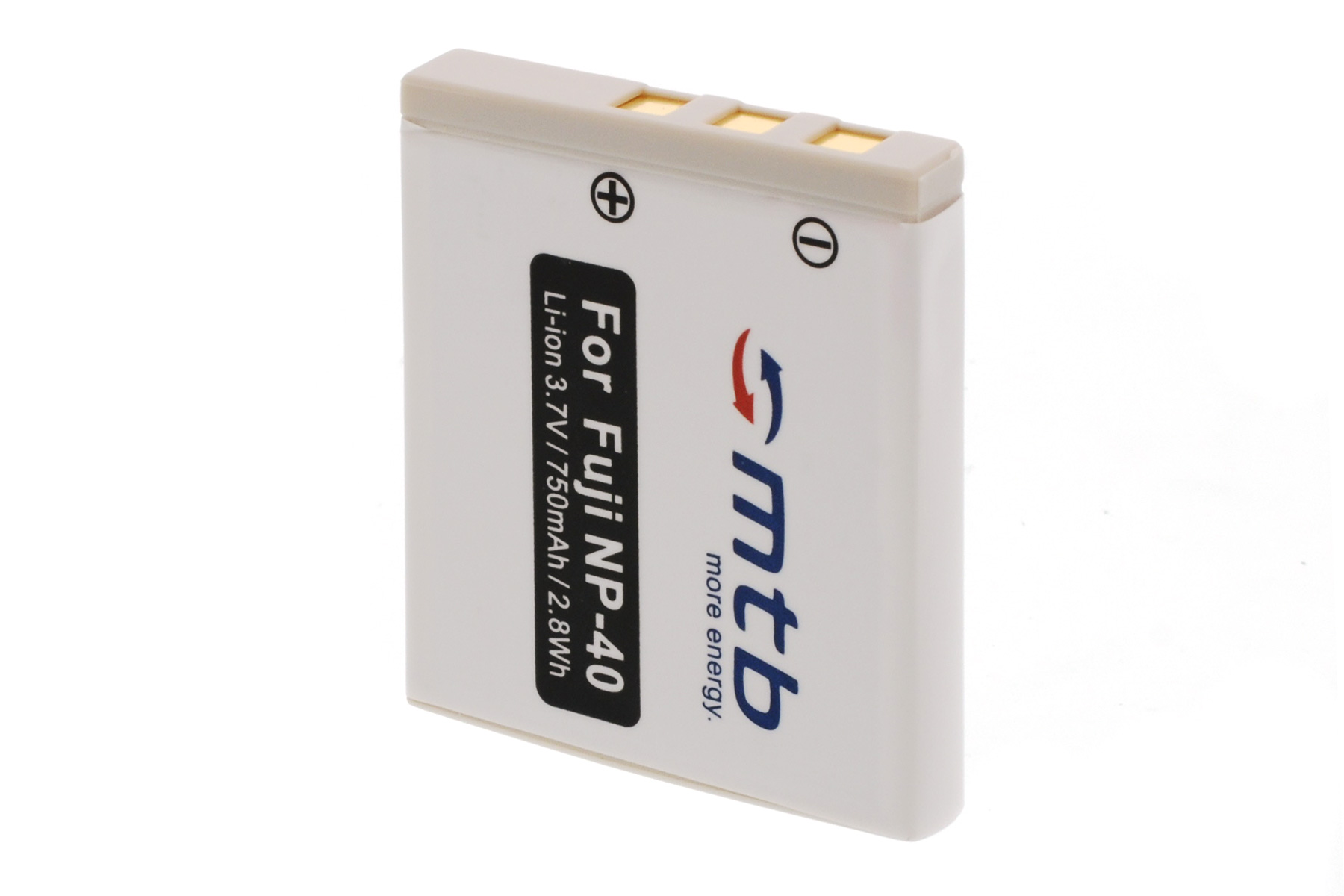 Weiße Kamera-Batterie mit schwarzem Text und Symbolen. Enthält Sicherheitswarnungen und technische Daten. Auf weißem Grund.