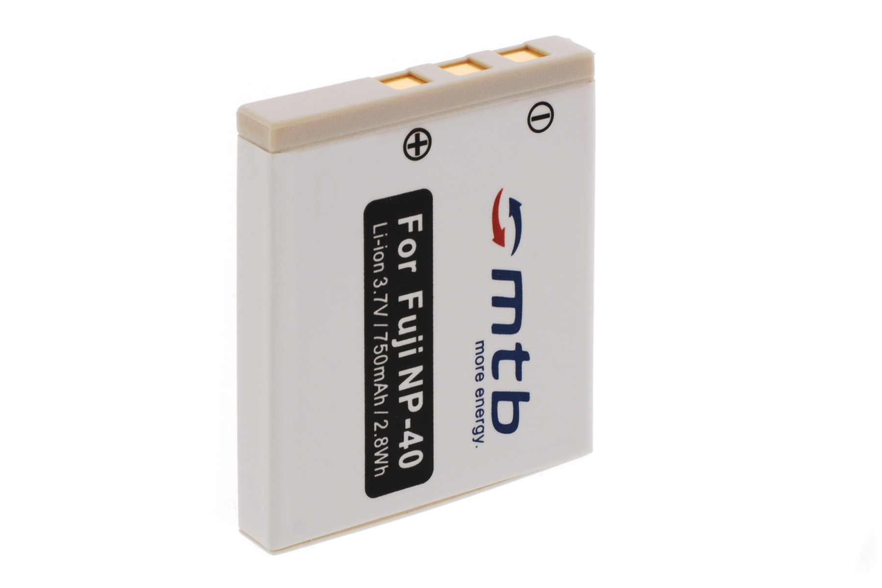 Eine weiße Batterie mit schwarzem Text und dem MTB-Logo oben drauf.