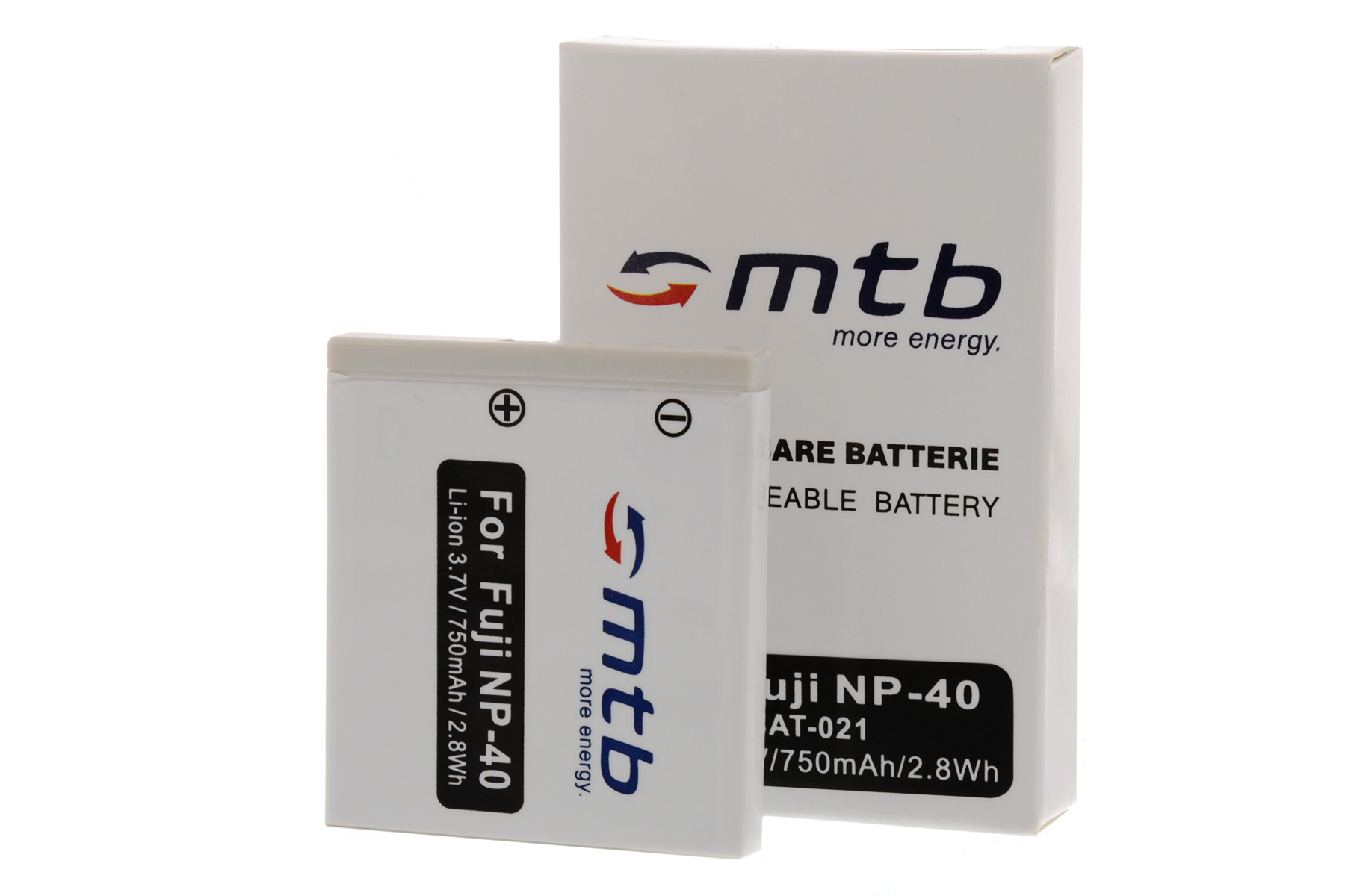 Weißer Akku mit MTB-Logo und Text und einem schwarzen Rand, vor einer Box.