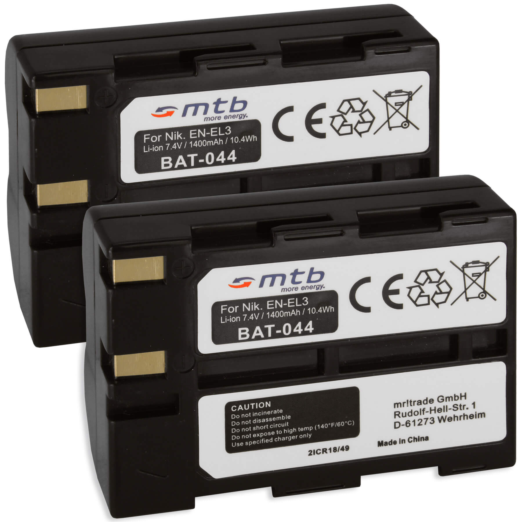 Zwei schwarze Batterien mit weißen Etiketten, Text 'mtb more energy'. CE-Kennzeichnung vorhanden.