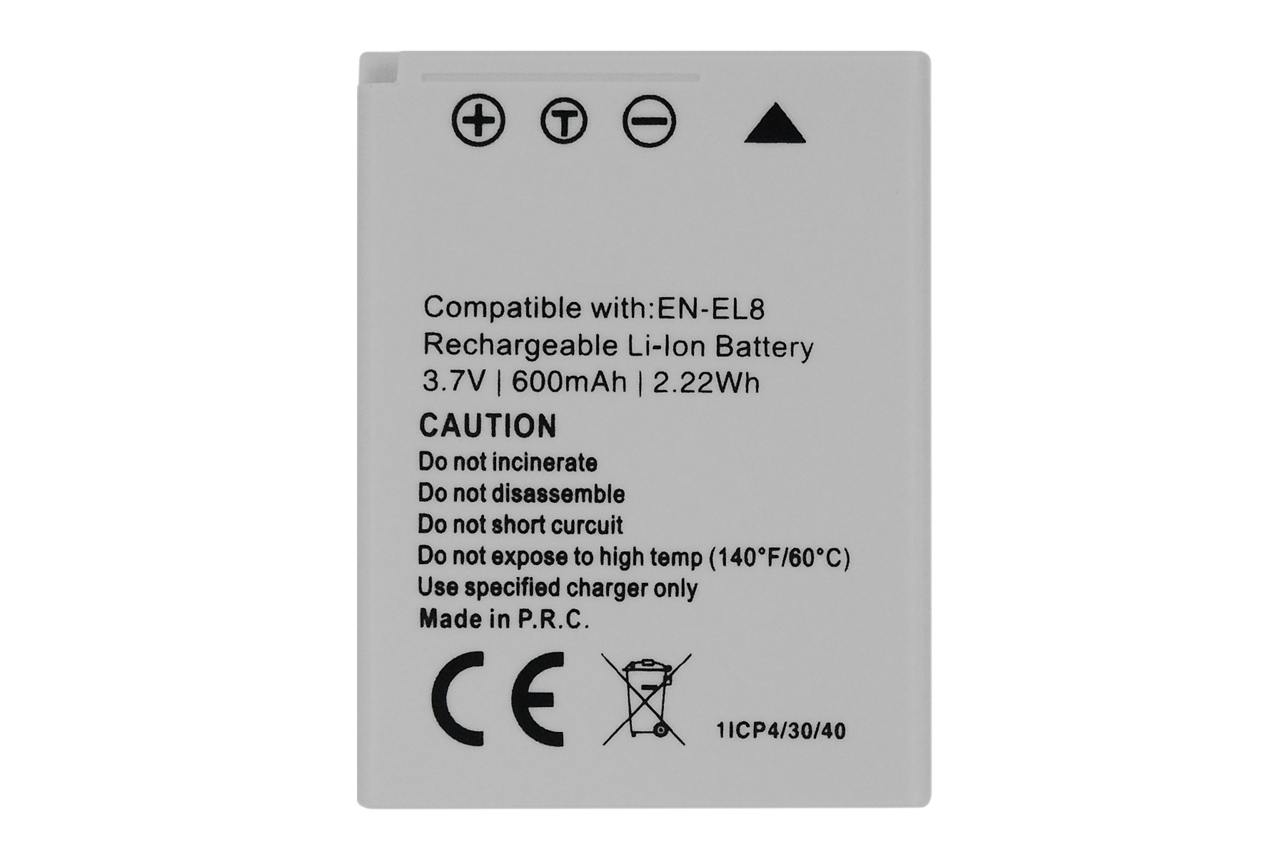 Weiße Kamera-Batterie mit Text und Symbolen. Sie hat Warnhinweise aufgedruckt und ist rechteckig.