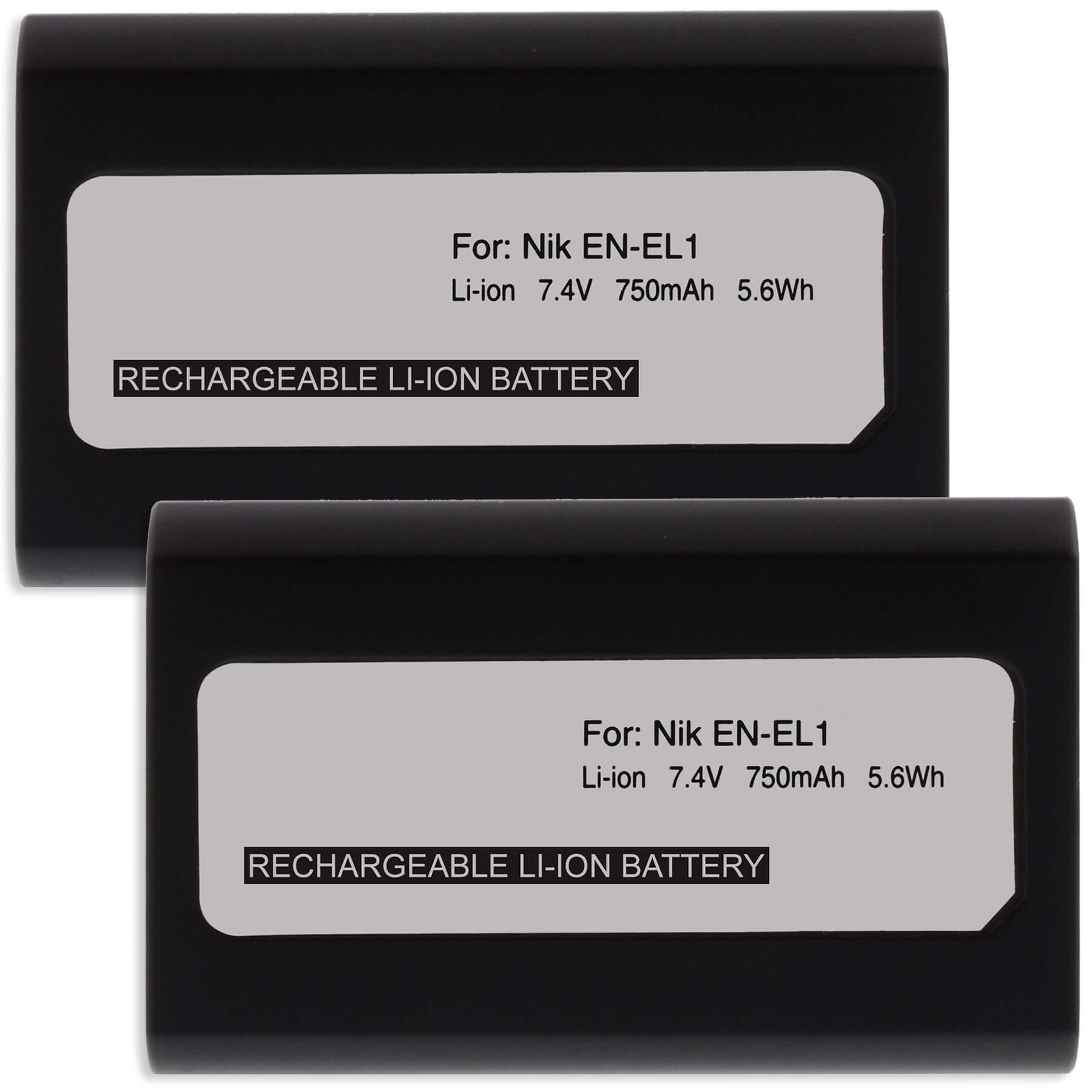 Zwei schwarze rechteckige Batterien. Jede hat ein weißes Etikett mit der Aufschrift "RECHARGEABLE LI-ION BATTERY".
