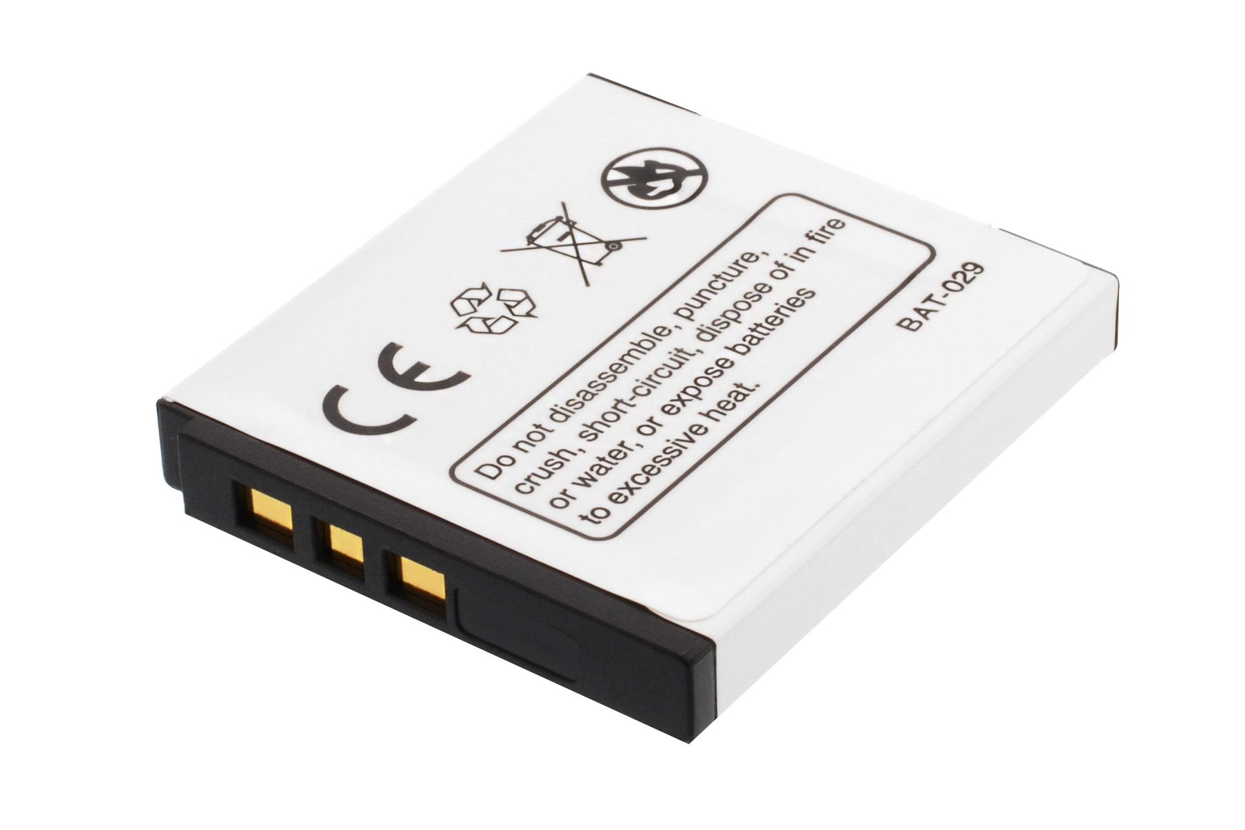 Weiße Batterie mit schwarzem Sockel, goldene Anschlüsse.