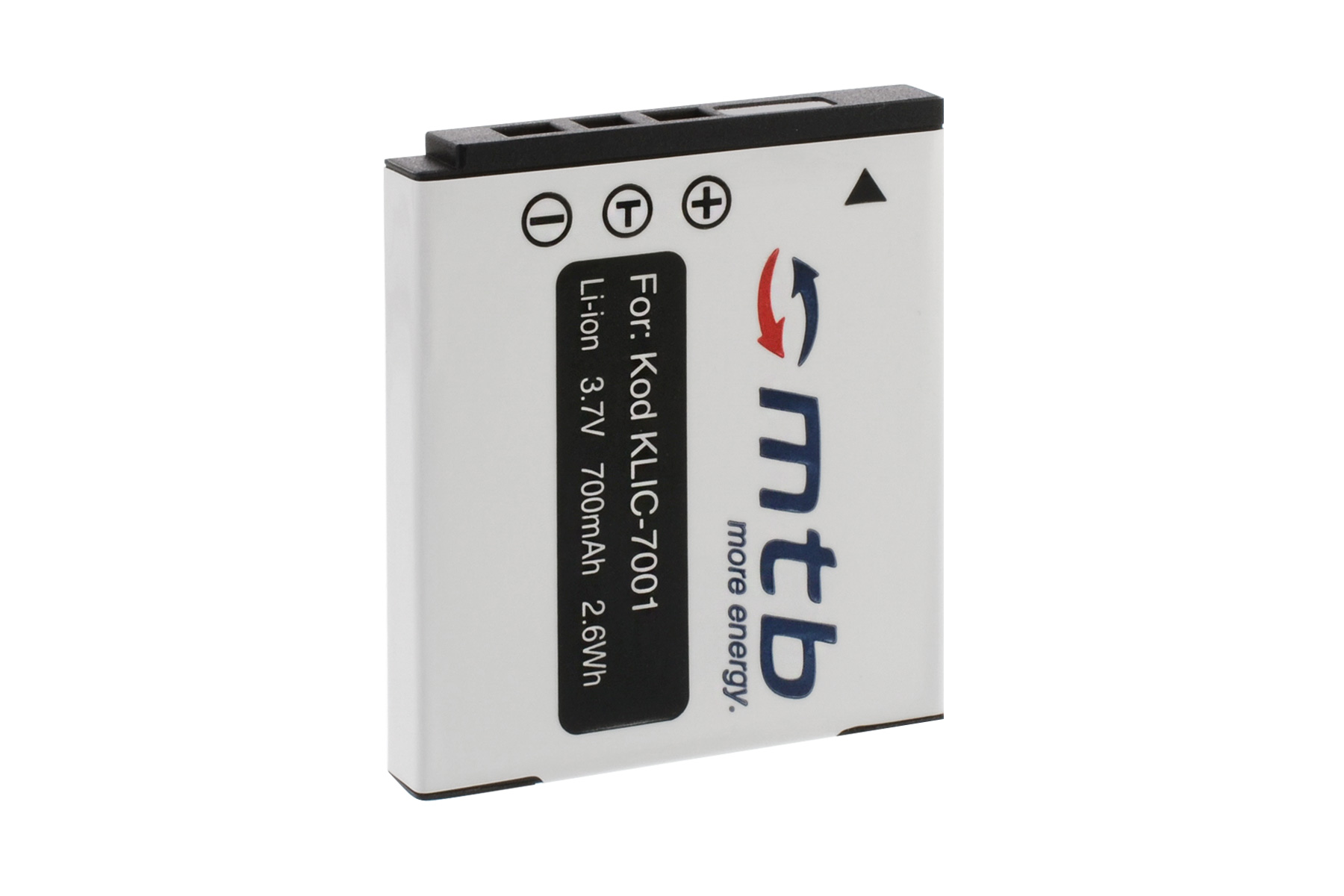 Weißer Akku mit Text für Kod KLIC-7001 und dem mtb more energy Logo.