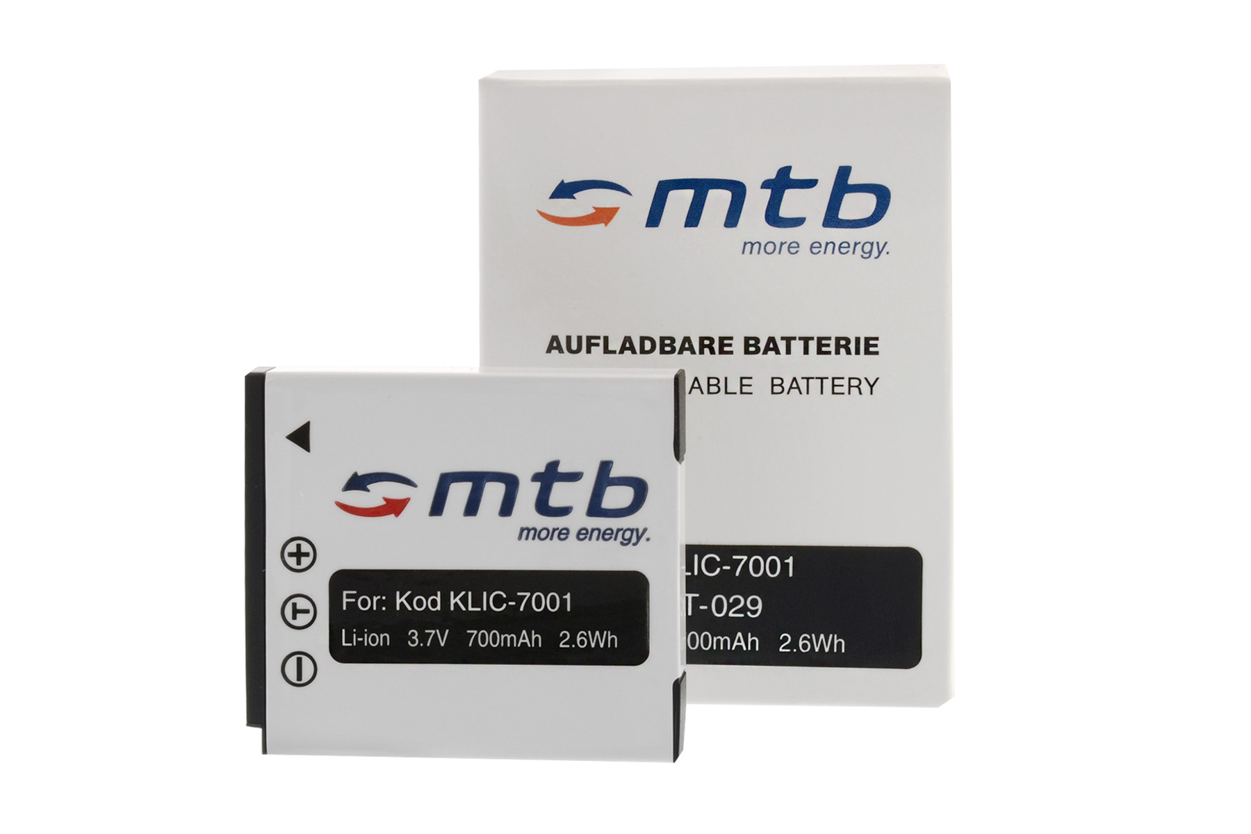 Weiße Batterie mit Text und eine weiße Box mit Text. Beide haben das gleiche Logo und Text.