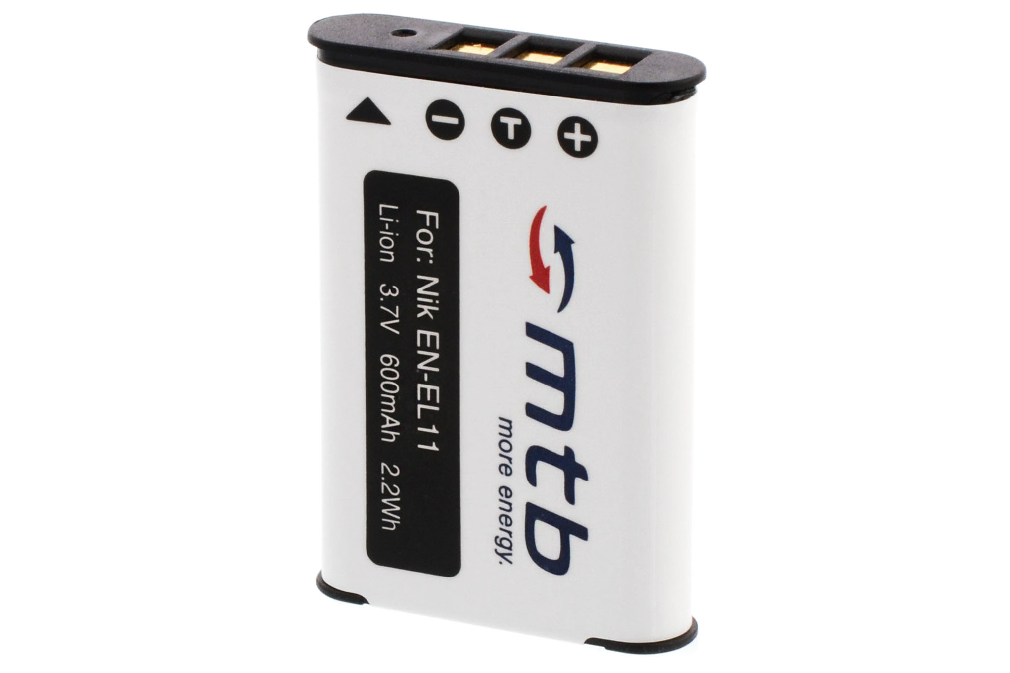 Weiße Batterie mit schwarzem Text und einem roten Pfeil. Weißer Hintergrund.