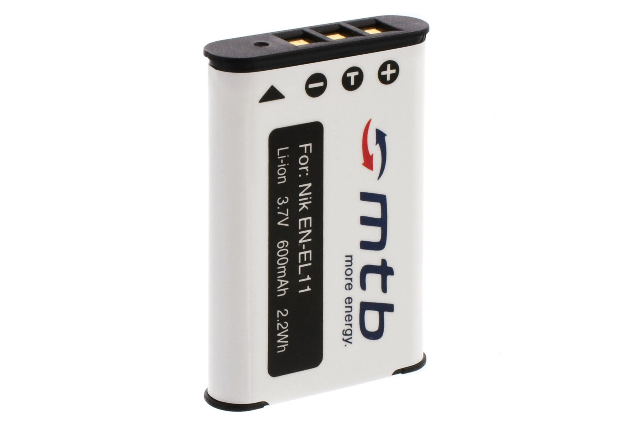 Weiße Batterie mit Text und Symbolen, isoliert auf weißem Hintergrund.
