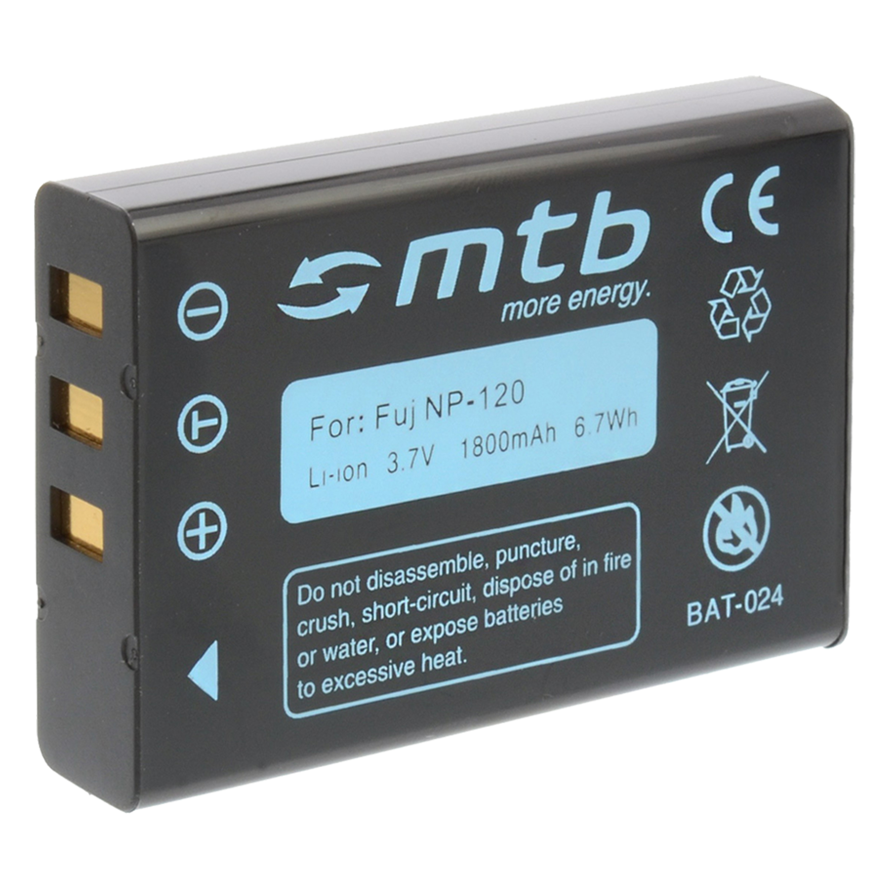 Eine schwarze Batterie mit weißem Text mit der Aufschrift 'mtb', 'more energy' und Spezifikationen.
