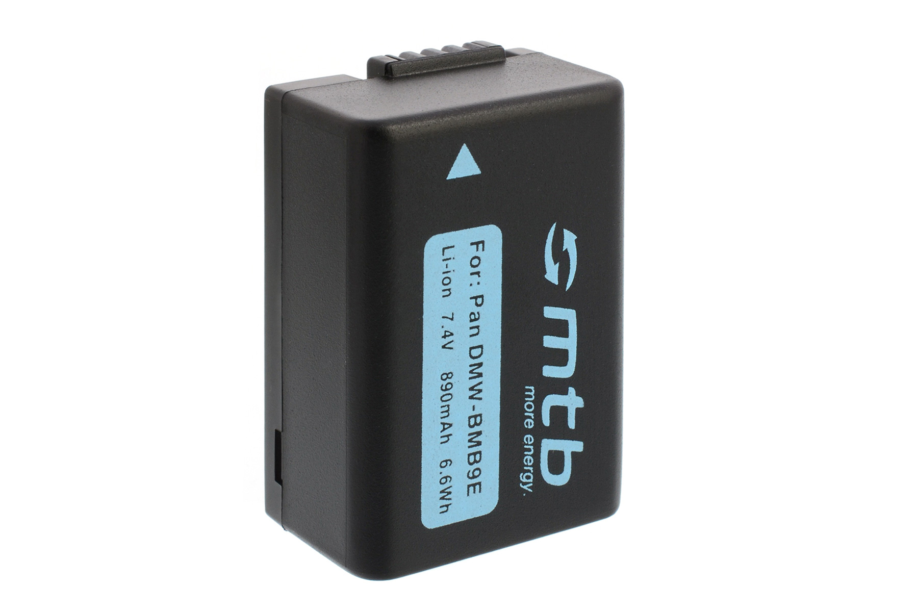 Schwarze MTB-Batterie, für Pan DMW-BMB9E, Li-ion 7,4V 890mAh 6,6Wh mit weißem Hintergrund.
