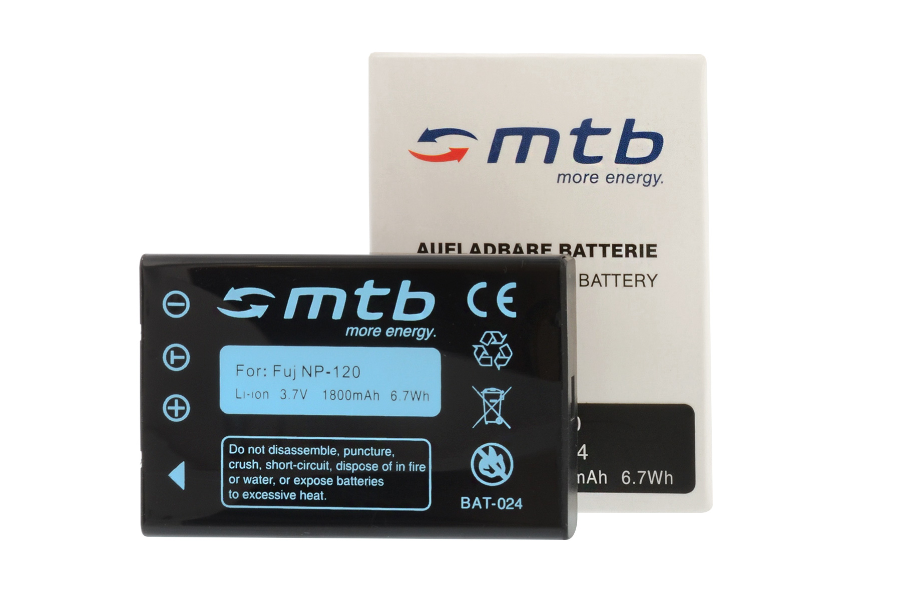 Eine schwarze Batterie mit einer weißen Schachtel mit der Aufschrift 'mtb more energy'. Die Batterie hat ein Warnschild.