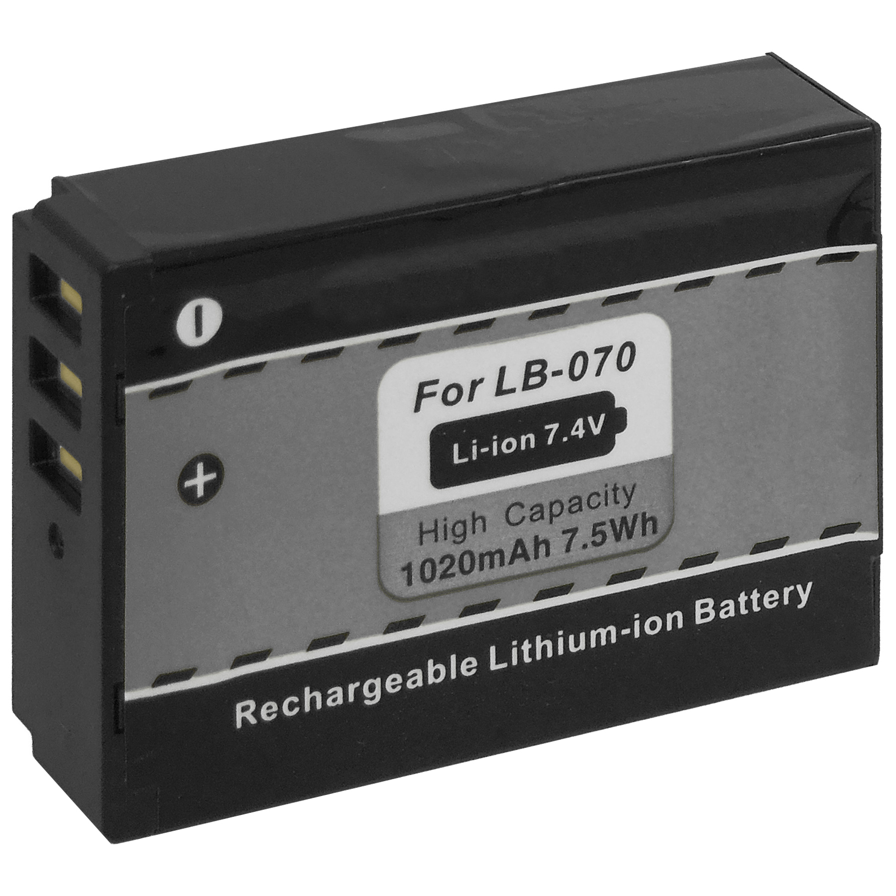 Eine schwarze Batterie mit weißem Etikett wird gezeigt, mit der Aufschrift 'For LB-070', '1020mAh 7.5Wh'.