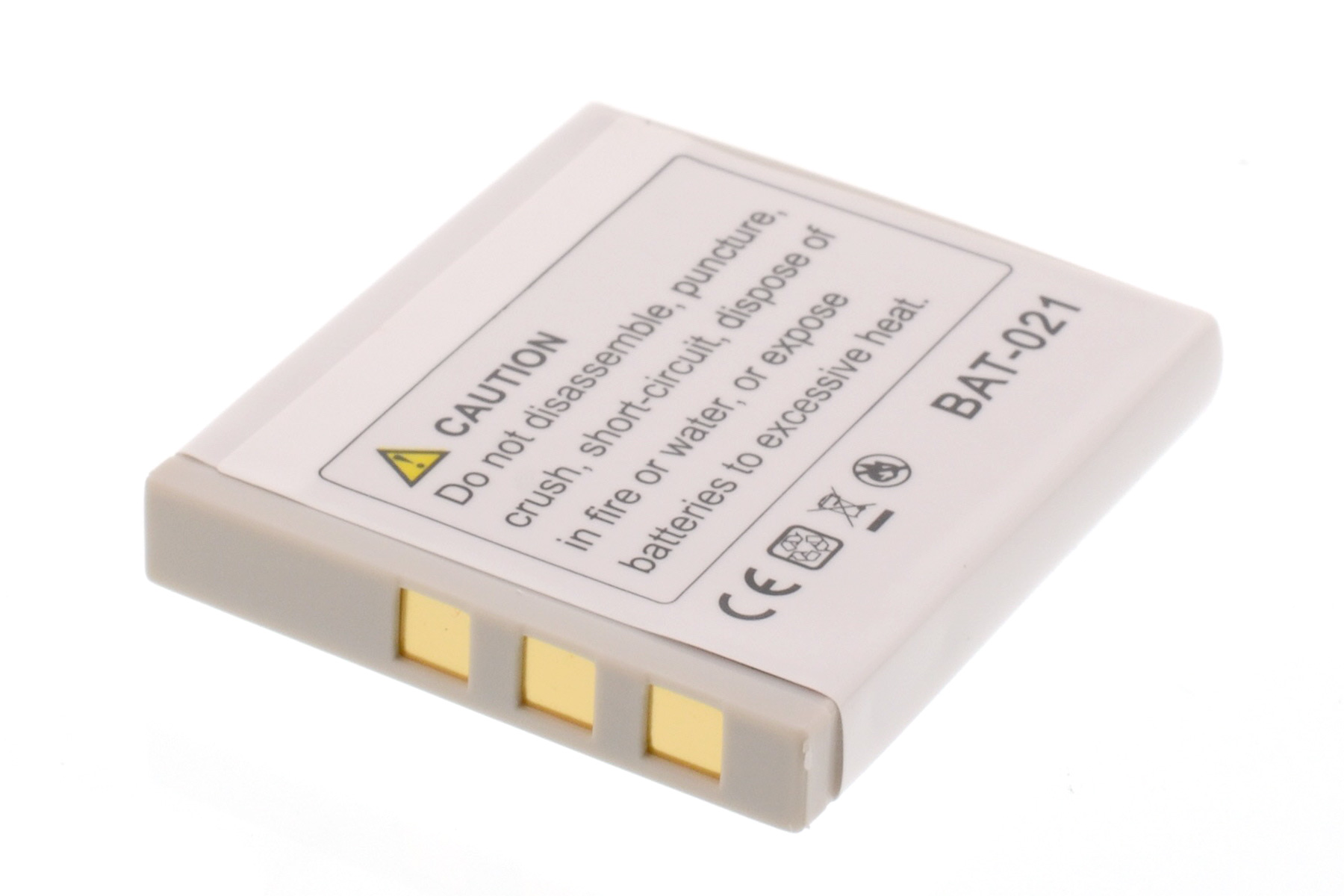 Eine kleine weiße Batterie mit goldenen Kontakten. Sie hat ein Etikett mit Vorsichtstext und einen weißen Hintergrund.