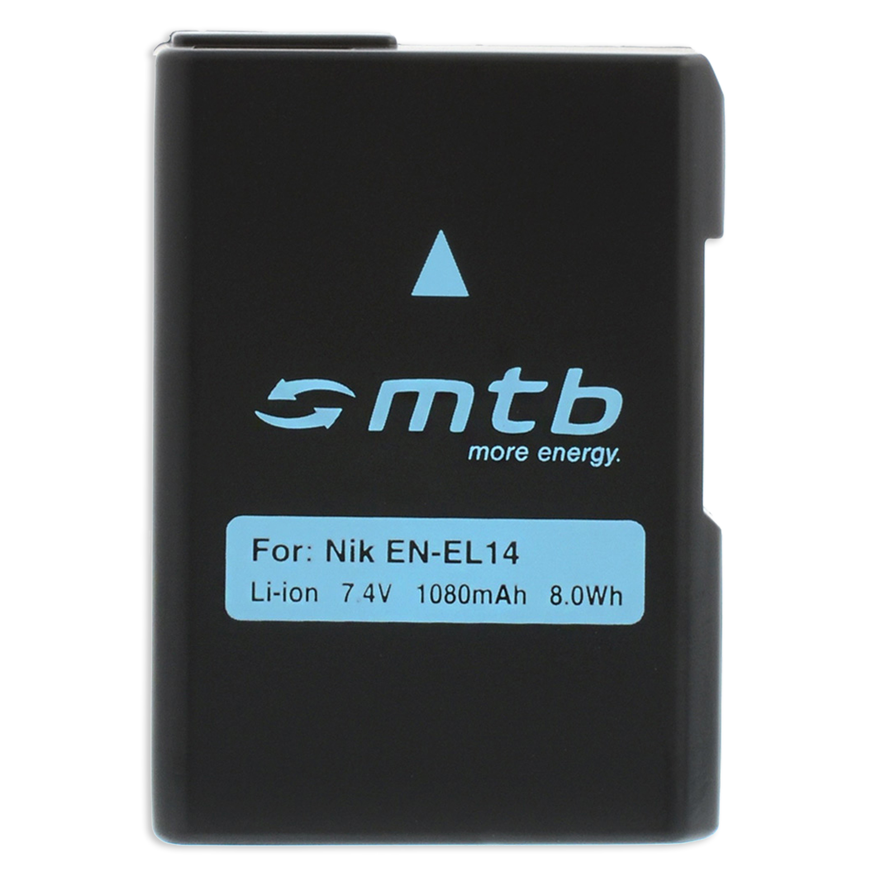 Eine schwarze Batterie mit blauem Etikett. Sie hat das Logo und Text.