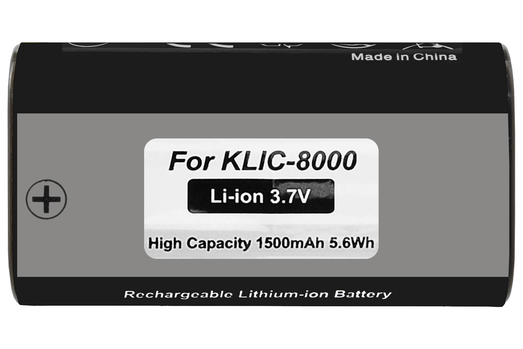 Schwarzer und grauer rechteckiger Akku. Text: Für KLIC-8000, Li-Ion 3,7 V, 1500 mAh 5,6 Wh.