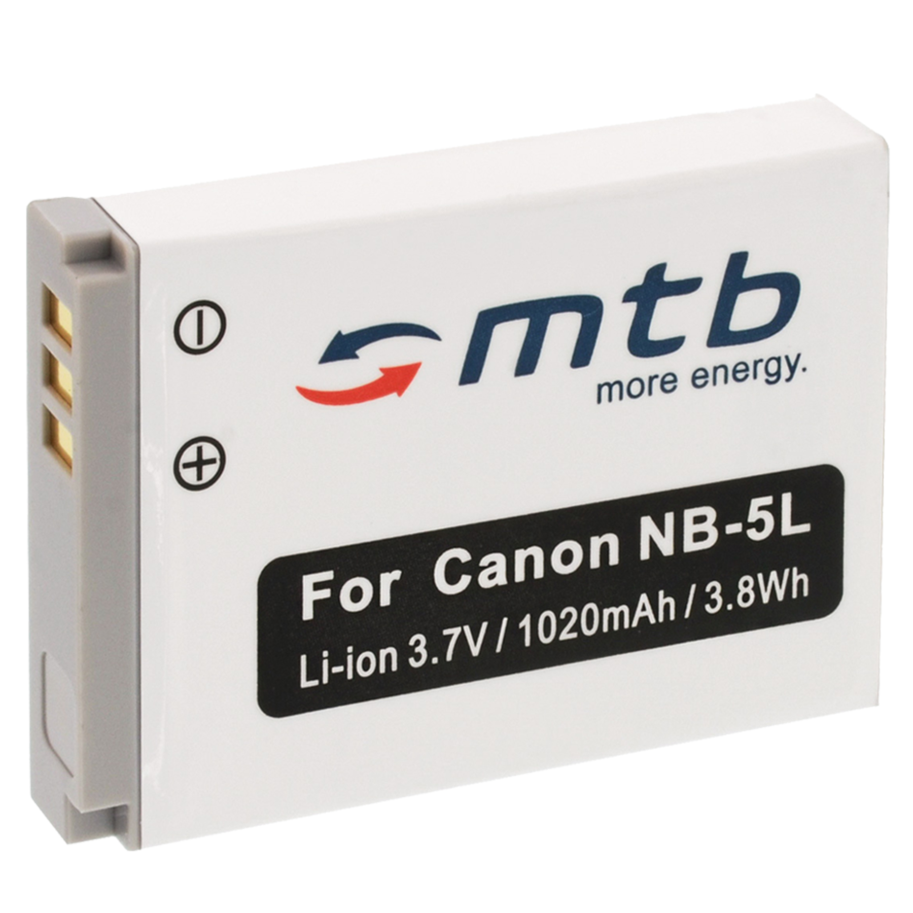 Weiß-graue Canon NB-5L Batterie. Markiert mit Plus- und Minuszeichen und Produktdetails.