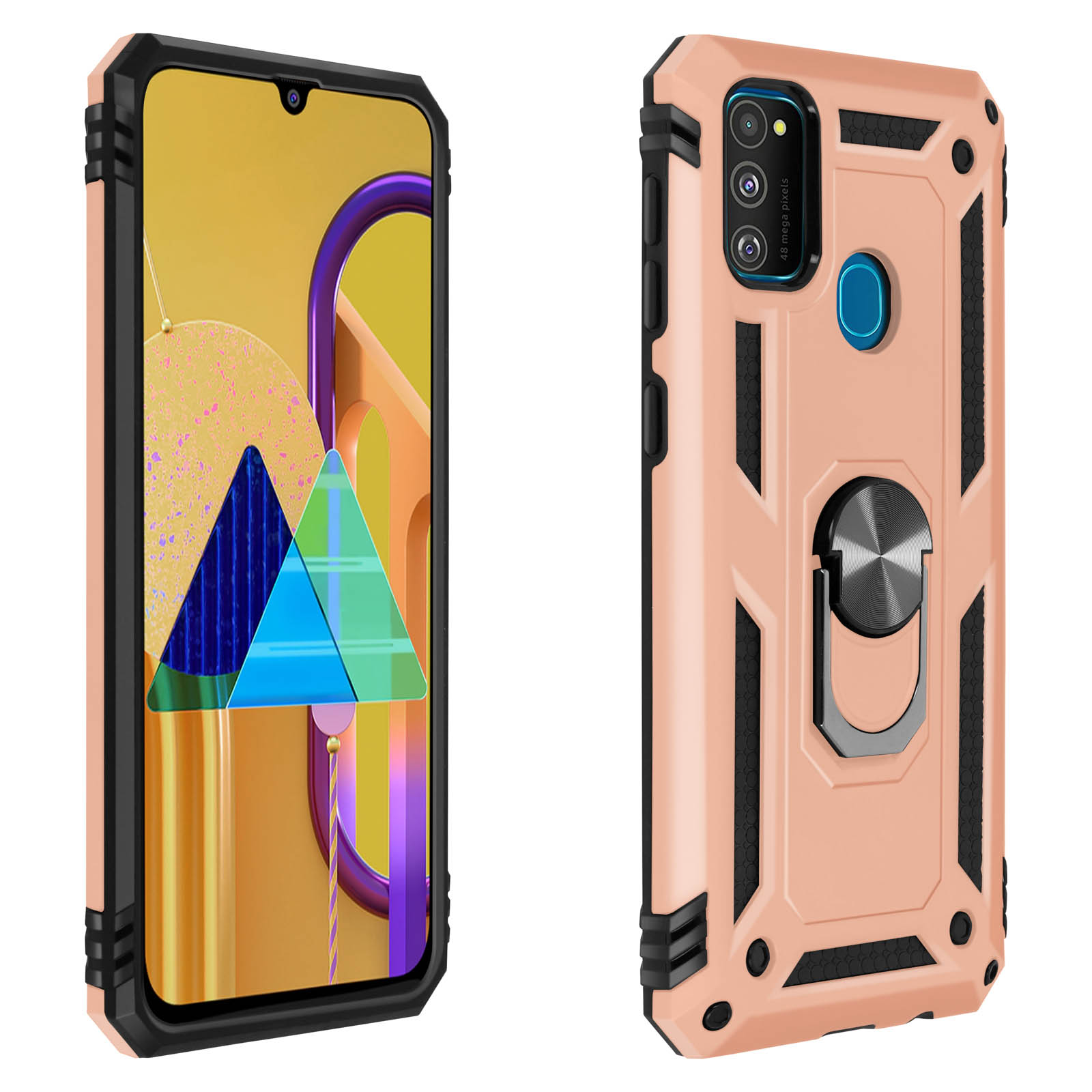 Telefono con custodia color pesca, dettagli neri e supporto ad anello. Lo schermo mostra una grafica colorata.