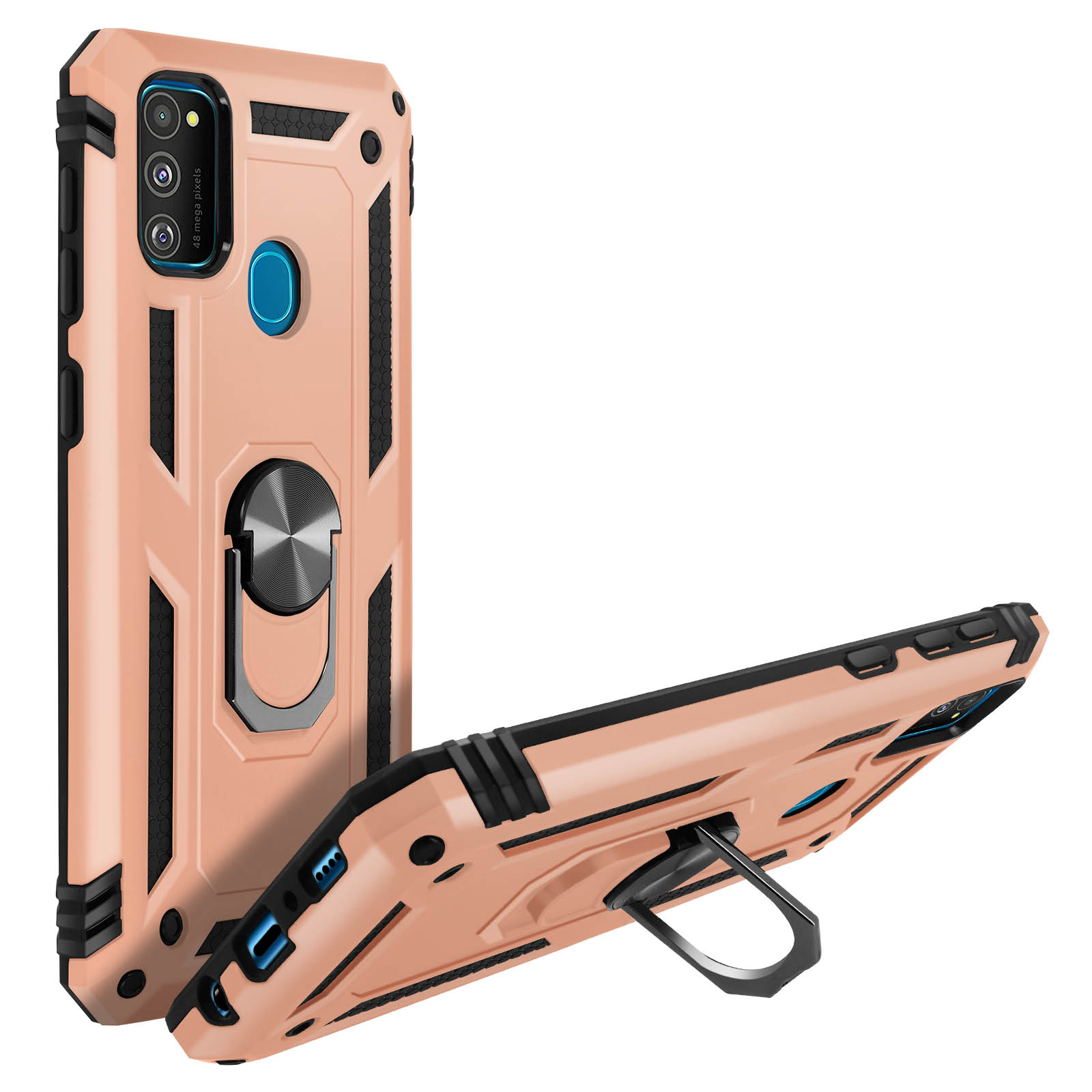 Due custodie per telefono, color oro rosa, con supporti ad anello.