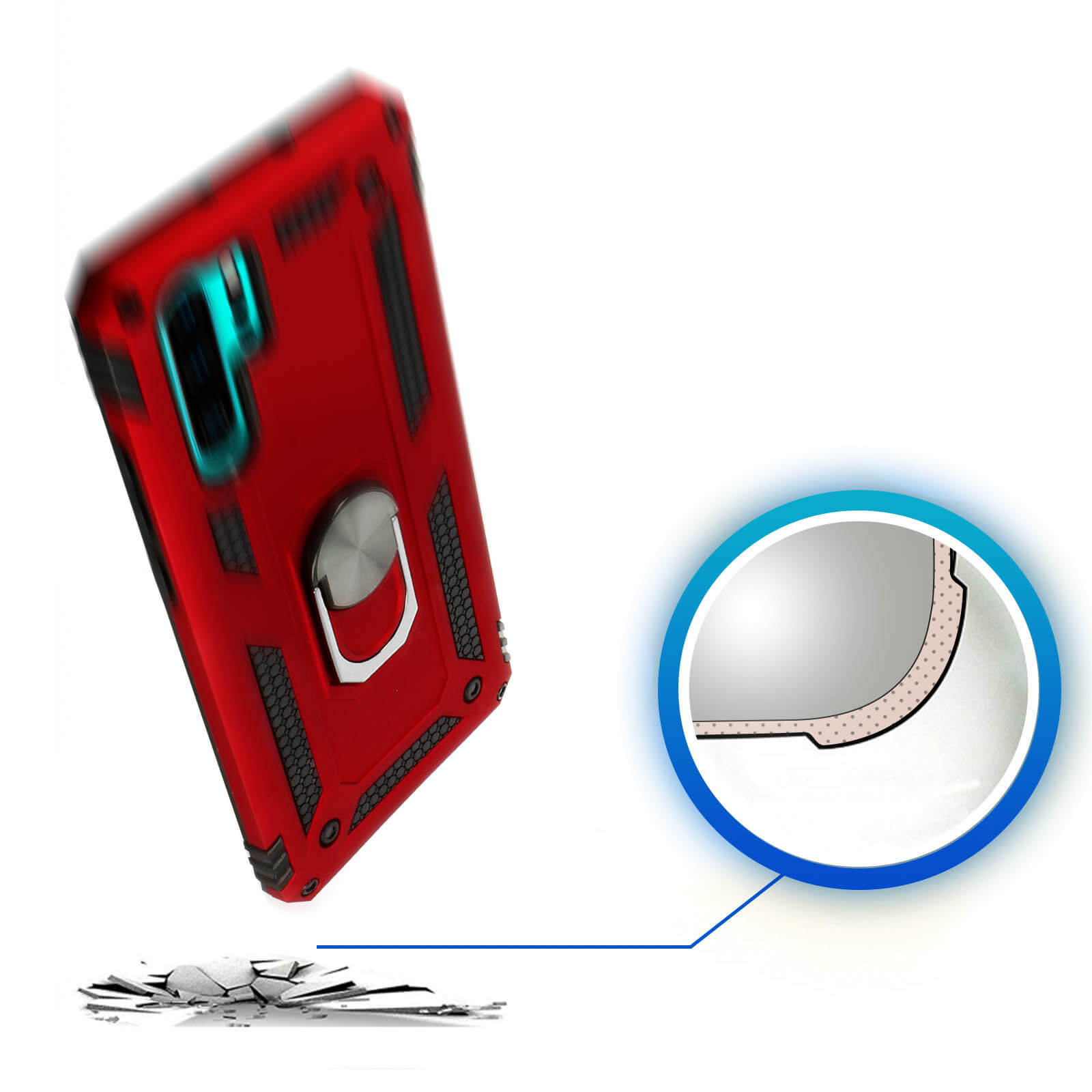 Custodia per telefono rossa con anello argentato e diagramma di protezione.