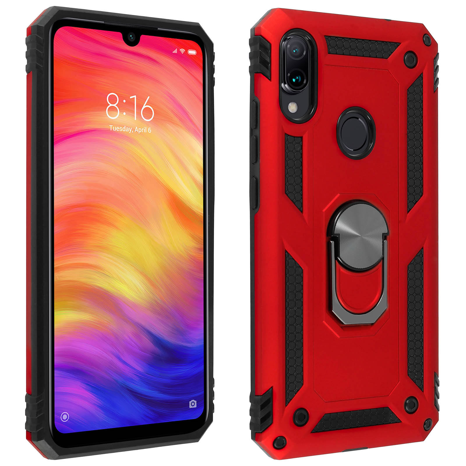 Coque de téléphone rouge avec des accents noirs. Téléphone affiche heure et fond coloré.