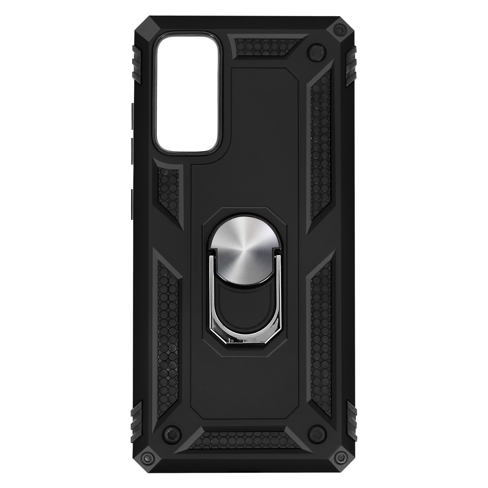 Zwarte telefoonhoes met zilveren ring, beschermend, robuust ontwerp.