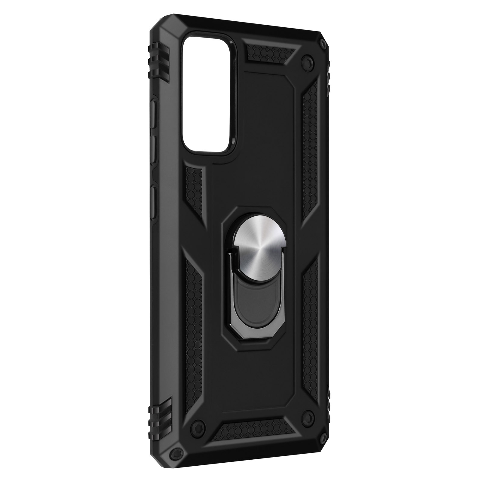 Een zwarte telefoonhoes met een zilveren ring op een witte achtergrond. De hoes heeft een textuur.