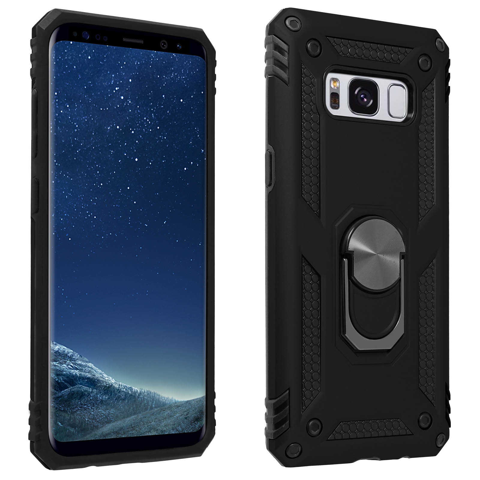 Telefono nero con cielo stellato e custodia nera con supporto ad anello, design robusto.