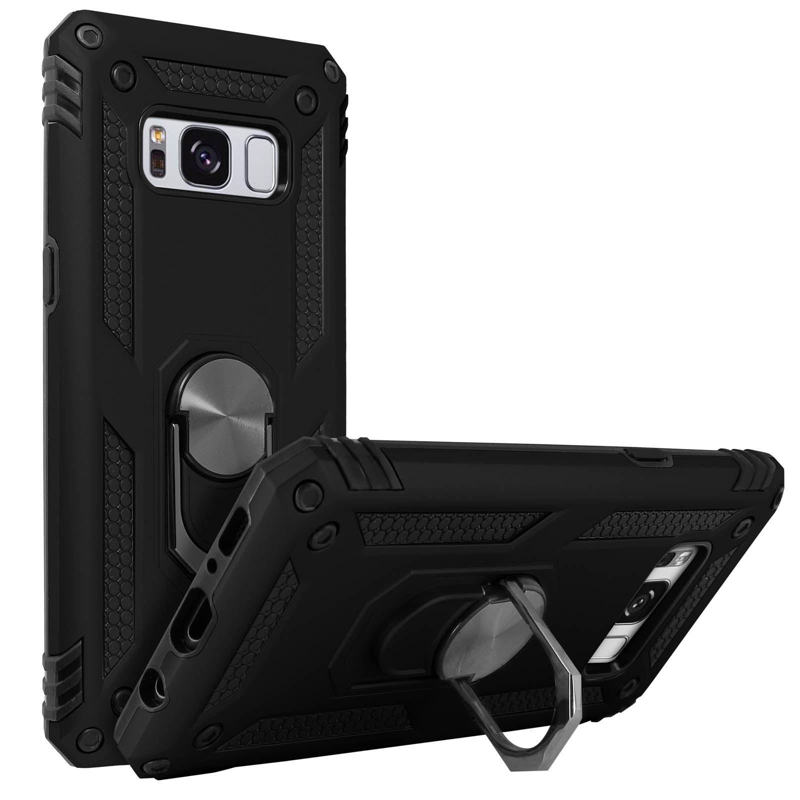 Due custodie per telefono nere con un anello di supporto. Uno mostra il retro, l'altro angolato, mostrando l'anello.